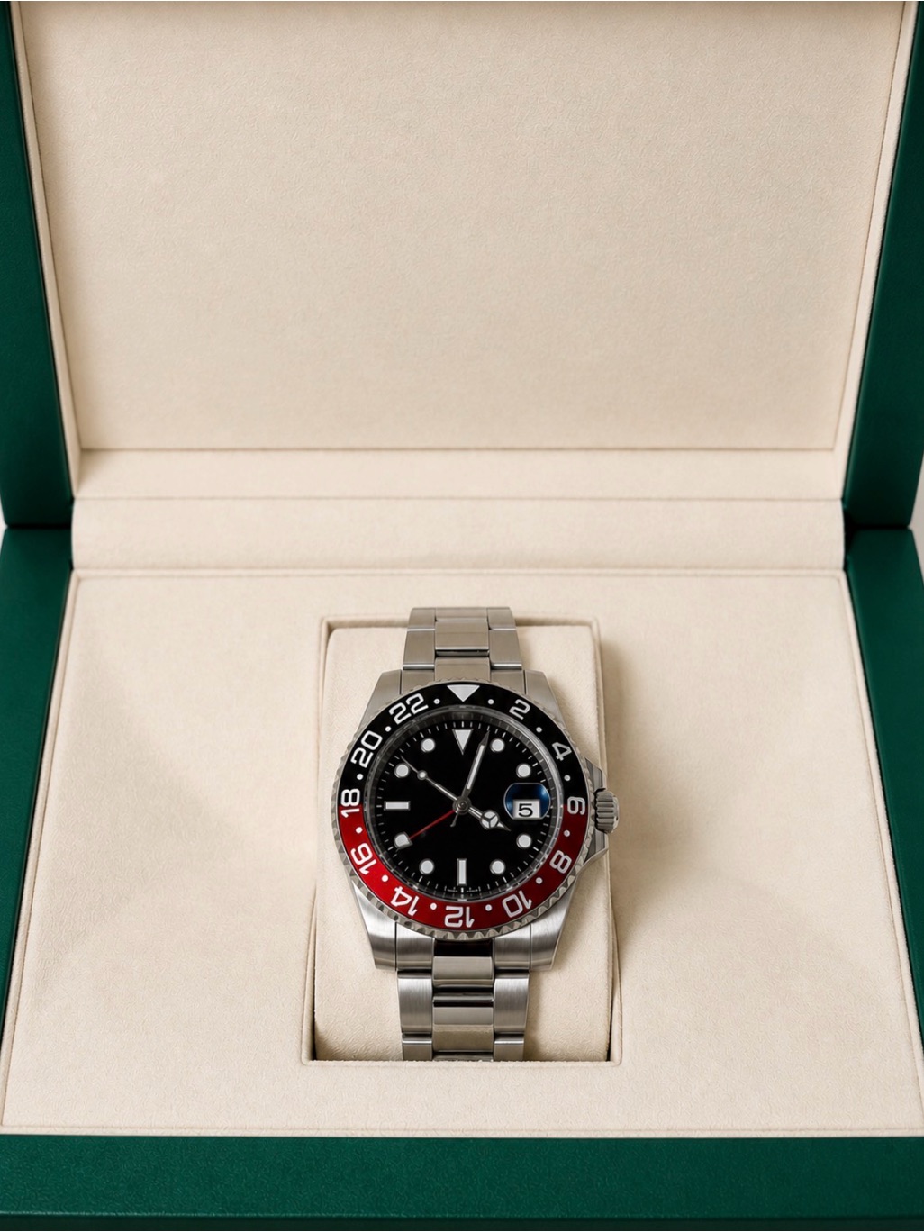 Stainless Steel Mens Gmt Watch With Black And Red Bezel